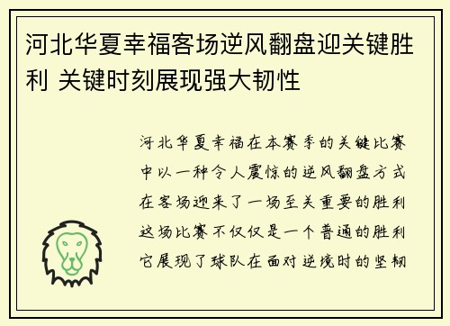 河北华夏幸福客场逆风翻盘迎关键胜利 关键时刻展现强大韧性