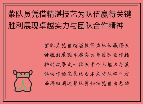 紫队员凭借精湛技艺为队伍赢得关键胜利展现卓越实力与团队合作精神